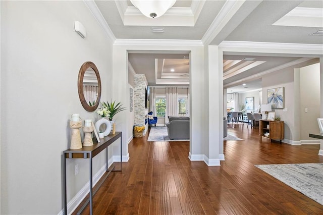 entrance foyer with a tray ceiling, dark hardwood / wood-style floors, and ornamental molding