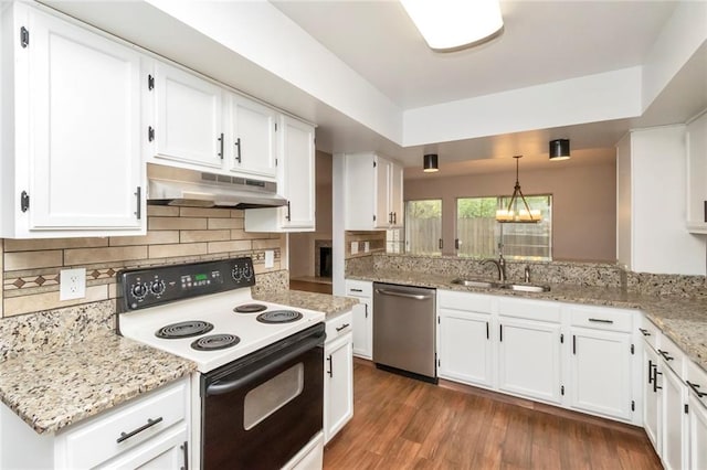 kitchen featuring electric range, dark hardwood / wood-style flooring, dishwasher, white cabinetry, and light stone counters