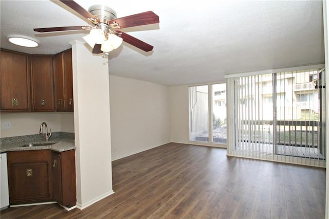 unfurnished living room with dark wood-style floors, a sink, and floor to ceiling windows