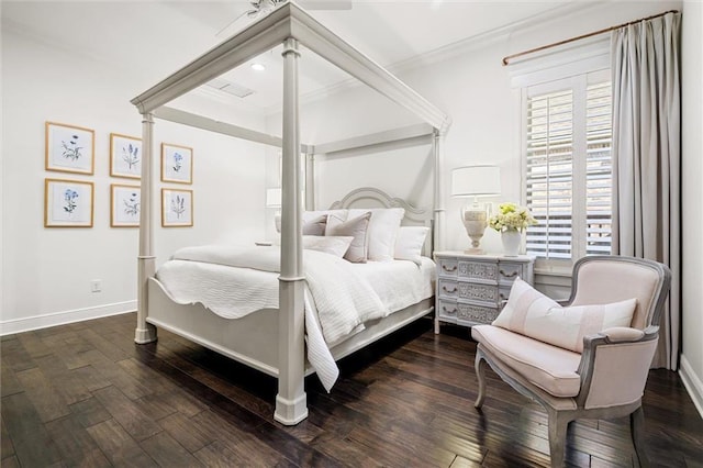 bedroom featuring ornamental molding, recessed lighting, wood finished floors, and baseboards