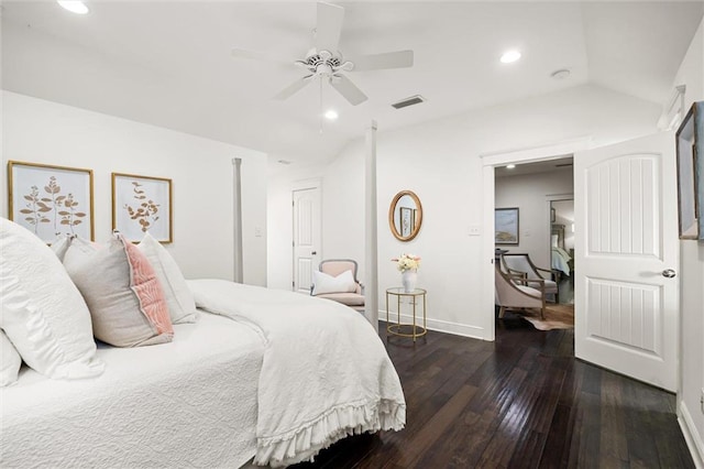 bedroom featuring recessed lighting, wood-type flooring, visible vents, vaulted ceiling, and baseboards