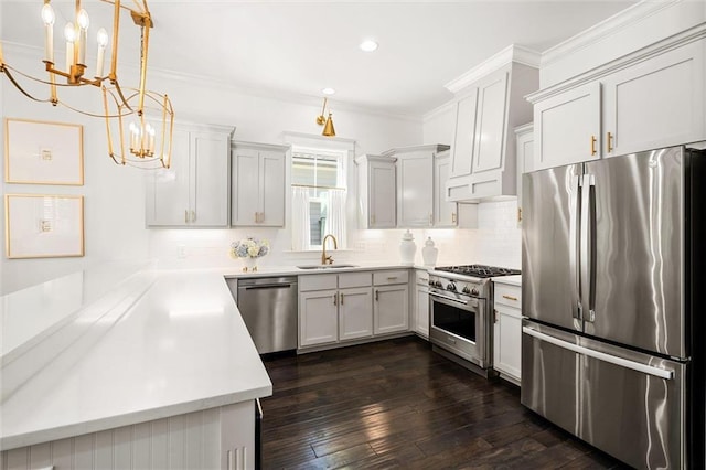 kitchen with dark wood finished floors, stainless steel appliances, backsplash, ornamental molding, and a sink