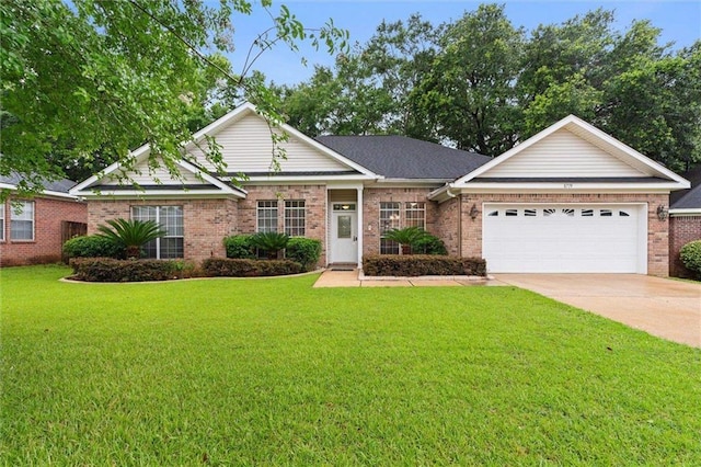 8719 Leven Ct, Mobile, AL 36695 - ranch-style house featuring an attached garage, driveway, a front yard, and brick siding