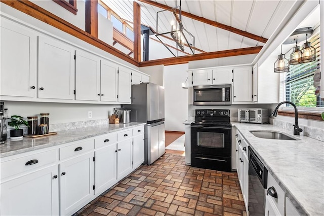 4250 Tara Dr W, Mobile, AL 36619 - kitchen with appliances with stainless steel finishes, a sink, white cabinets, brick patterned floors, and beamed ceiling
