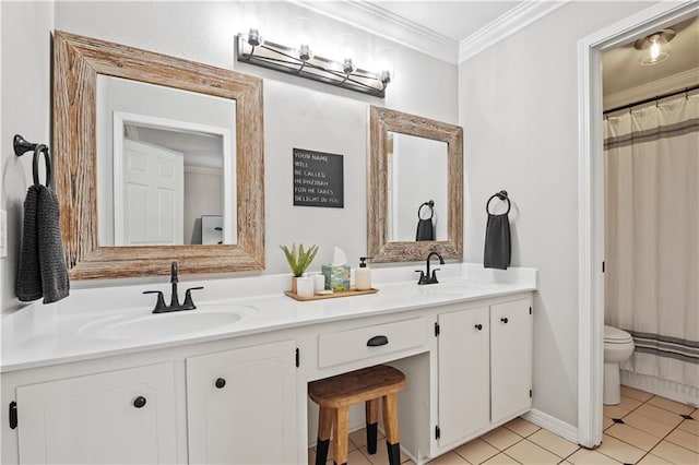 4250 Tara Dr W, Mobile, AL 36619 - bathroom featuring double vanity, toilet, crown molding, tile patterned flooring, and curtained shower