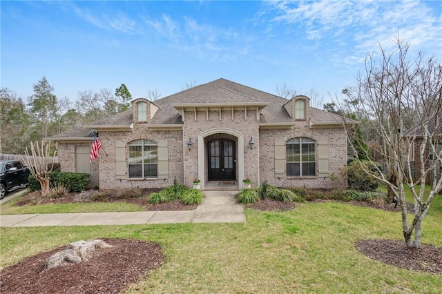 french country home with a shingled roof, french doors, brick siding, and a front lawn