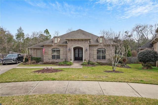 french country home featuring a front lawn, a shingled roof, and fence