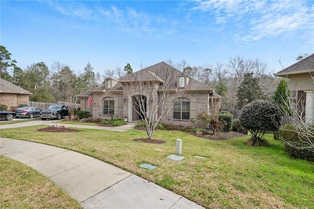 french country style house with fence, driveway, and a front lawn