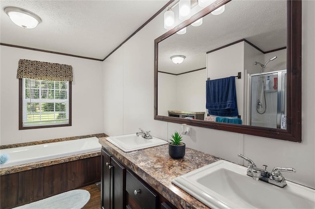 8801 Jack Williams Rd, Wilmer, AL 36587 - full bathroom featuring a textured ceiling, a garden tub, double vanity, crown molding, and a shower stall