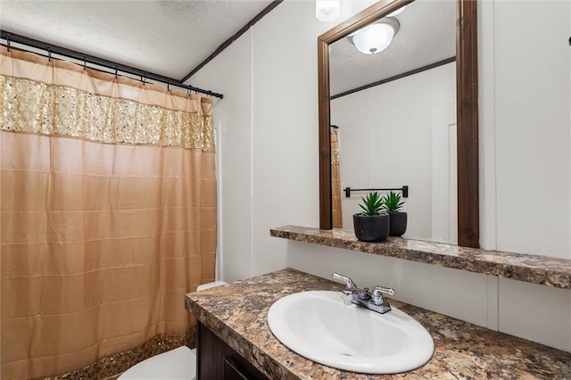 8801 Jack Williams Rd, Wilmer, AL 36587 - bathroom featuring a textured ceiling, vanity, and a shower with curtain