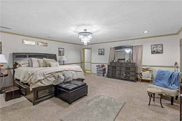 carpeted bedroom with ornamental molding and an inviting chandelier