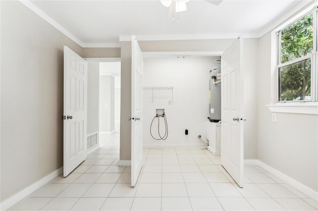 bathroom with ceiling fan and ornamental molding