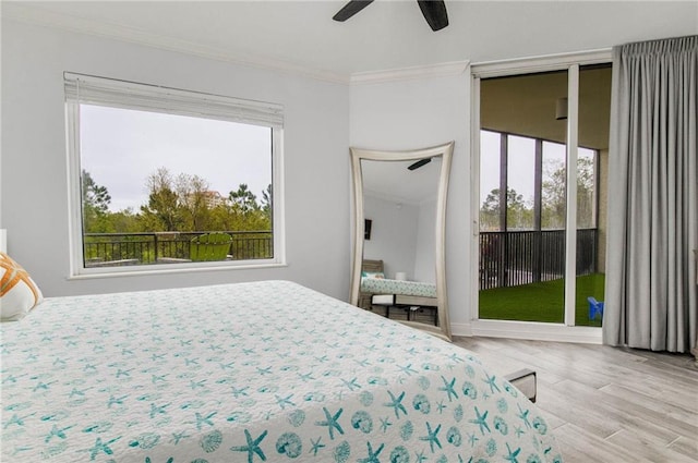 bedroom with crown molding, light hardwood / wood-style flooring, access to outside, and ceiling fan