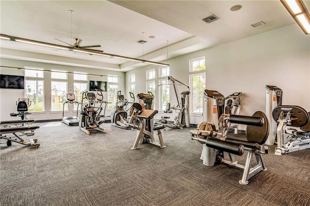 gym featuring a wealth of natural light, a raised ceiling, carpet flooring, and ceiling fan