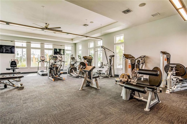 612 Lost Key Dr Unit 205B, Pensacola, FL 32507 - exercise room with ceiling fan, carpet floors, and a tray ceiling