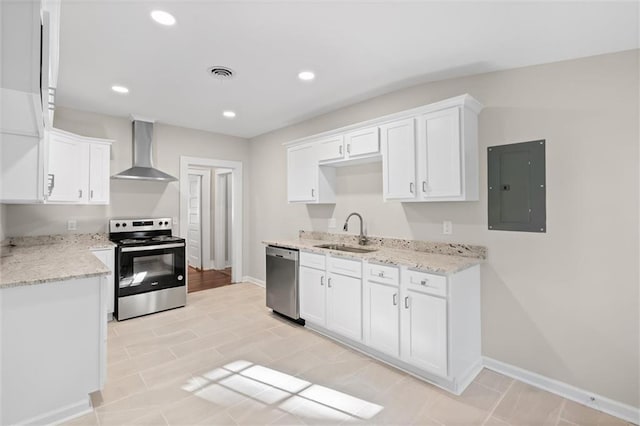 kitchen featuring wall chimney range hood, sink, appliances with stainless steel finishes, white cabinets, and electric panel