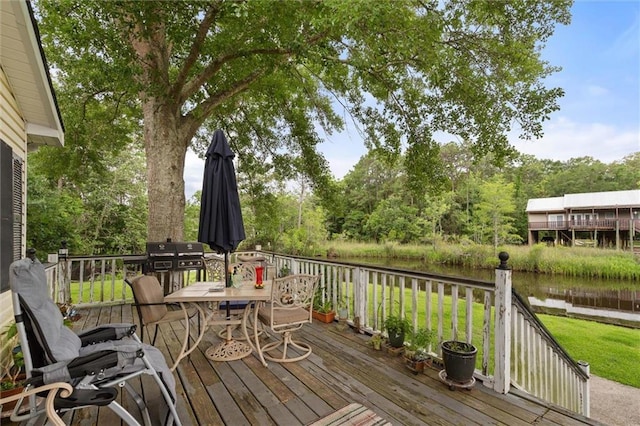 3765 Rabbit Creek Ct, Theodore, AL 36582 - deck featuring a water view, outdoor dining area, and grilling area