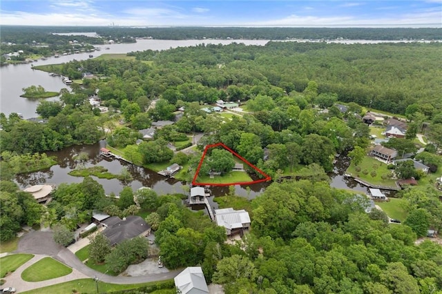 3765 Rabbit Creek Ct, Theodore, AL 36582 - aerial view of property and surrounding area featuring a large body of water, property parcel outlined, and a forest