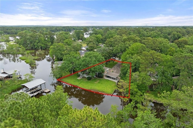 3765 Rabbit Creek Ct, Theodore, AL 36582 - aerial overview of property's location with a large body of water, property boundaries highlighted, and a heavily wooded area