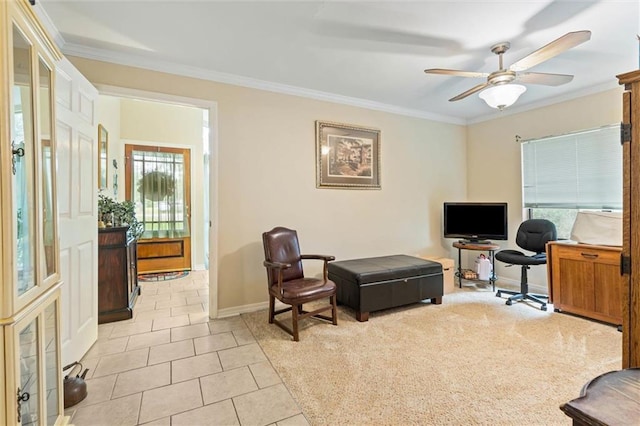 3765 Rabbit Creek Ct, Theodore, AL 36582 - office featuring ornamental molding, ceiling fan, light tile patterned floors, and baseboards