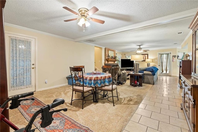3765 Rabbit Creek Ct, Theodore, AL 36582 - dining area with a ceiling fan, crown molding, light tile patterned floors, a textured ceiling, and baseboards