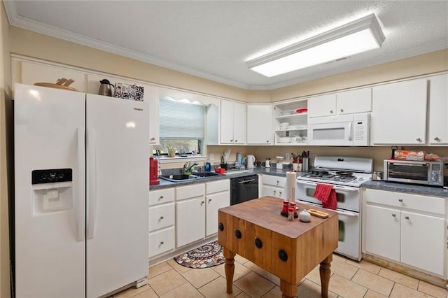3765 Rabbit Creek Ct, Theodore, AL 36582 - kitchen featuring white appliances, a sink, white cabinets, crown molding, and a textured ceiling