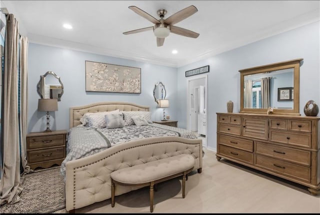 bedroom featuring ceiling fan and ornamental molding