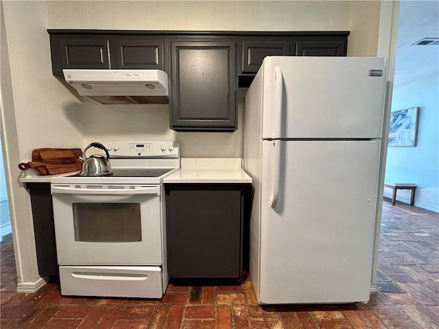 332 Syracuse St, Mobile, AL 36608 - kitchen with white appliances, brick flooring, under cabinet range hood, and light countertops