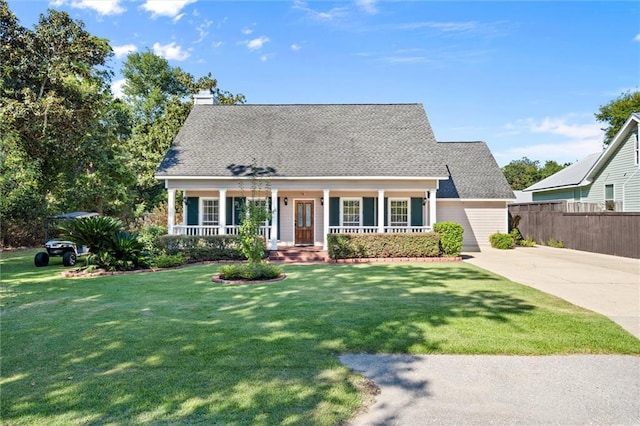 cape cod home featuring a porch and a front lawn