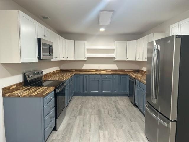 kitchen featuring appliances with stainless steel finishes, white cabinetry, and wood counters