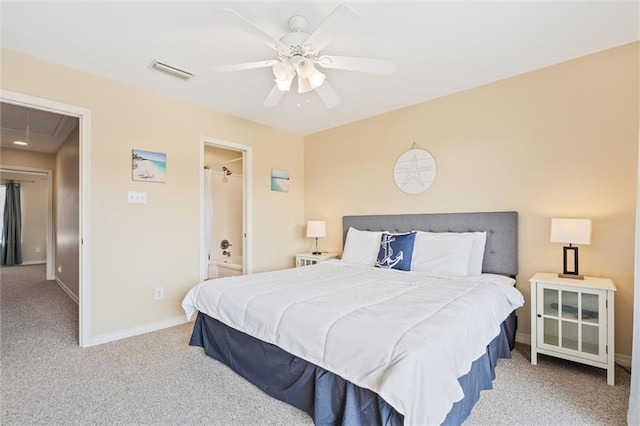 bedroom with ceiling fan and light carpet