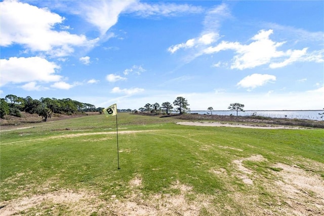 view of property's community featuring a water view and a lawn