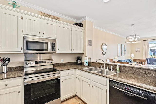 kitchen with stainless steel appliances, crown molding, sink, light tile patterned floors, and white cabinetry