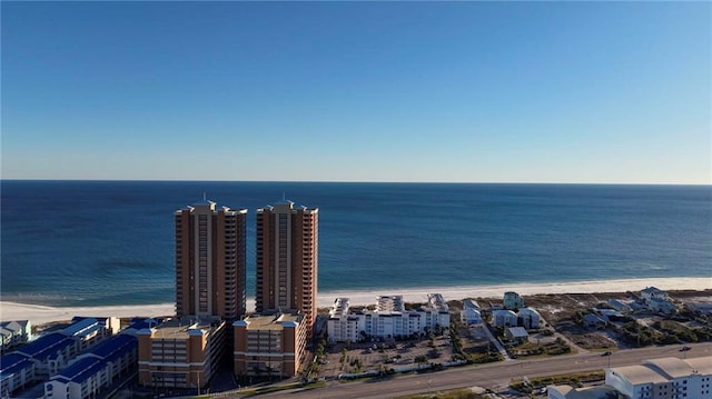 drone / aerial view with a water view and a view of the beach