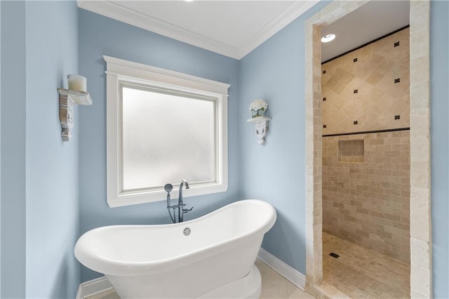 bathroom with crown molding, plus walk in shower, and tile patterned flooring