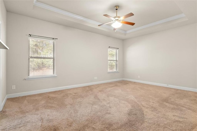 empty room with carpet floors, a tray ceiling, crown molding, and a healthy amount of sunlight