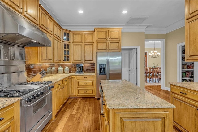6400 Harbor Place Dr, Daphne, AL 36526 - kitchen featuring light wood-style floors, a center island, under cabinet range hood, tasteful backsplash, and appliances with stainless steel finishes