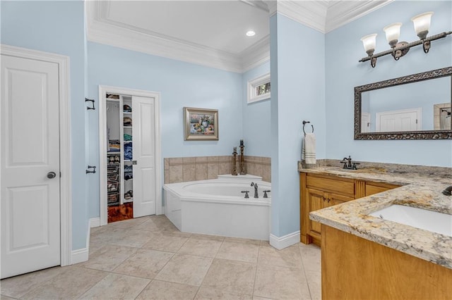 6400 Harbor Place Dr, Daphne, AL 36526 - full bathroom featuring double vanity, ornamental molding, a walk in closet, a bath, and a sink