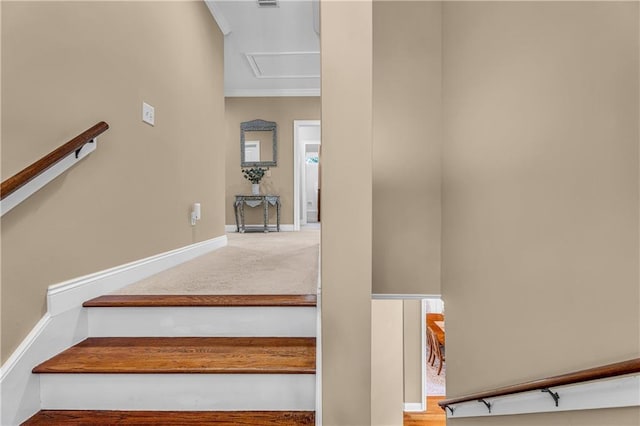 6400 Harbor Place Dr, Daphne, AL 36526 - staircase with baseboards, visible vents, ornamental molding, and attic access
