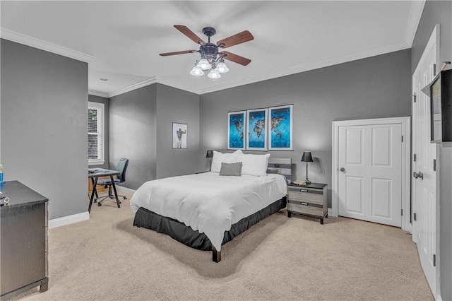 6400 Harbor Place Dr, Daphne, AL 36526 - bedroom with baseboards, ornamental molding, a ceiling fan, and light colored carpet
