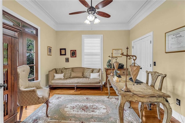 6400 Harbor Place Dr, Daphne, AL 36526 - office space with a ceiling fan, baseboards, ornamental molding, and wood finished floors