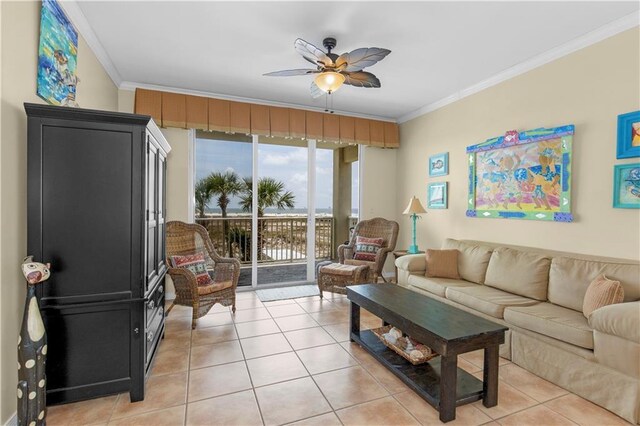 1801 Bienville Blvd Unit 213, Dauphin Island, AL 36528 - living room with ceiling fan, light tile patterned flooring, ornamental molding, and floor to ceiling windows