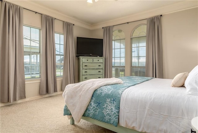 bedroom with crown molding, carpet, and multiple windows