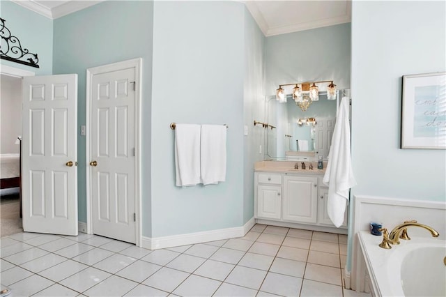 bathroom featuring ornamental molding, vanity, a bath, and tile patterned floors