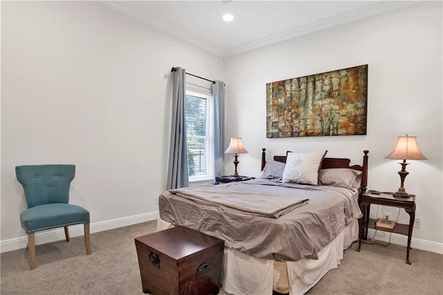 bedroom featuring recessed lighting, baseboards, ornamental molding, and light colored carpet