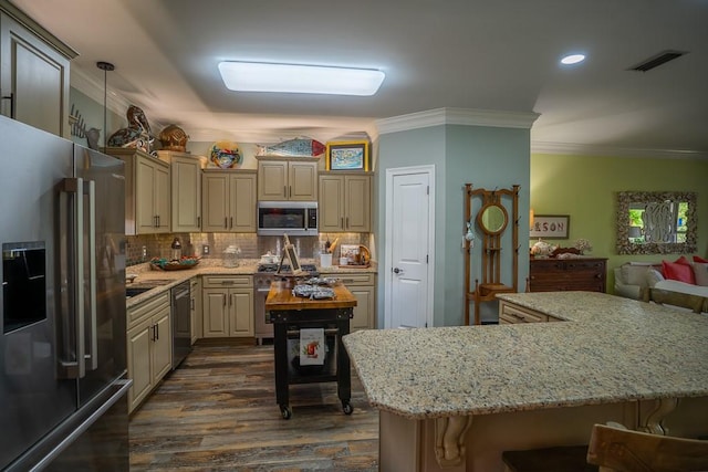 kitchen featuring decorative backsplash, light stone counters, high end appliances, dark wood-type flooring, and a kitchen island