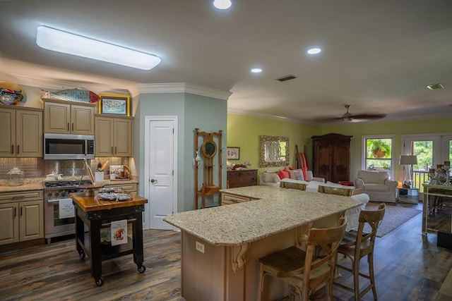 kitchen featuring a center island, backsplash, dark wood-type flooring, ceiling fan, and stainless steel appliances