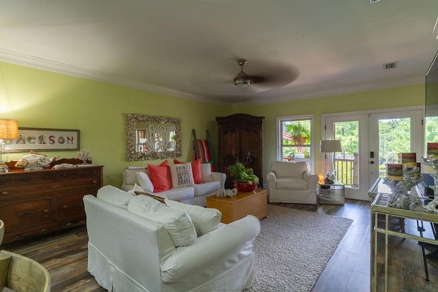 living room featuring french doors, dark hardwood / wood-style floors, ceiling fan, and ornamental molding