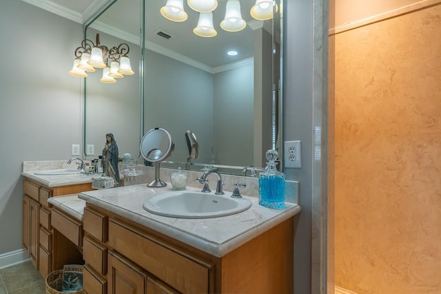 bathroom with tile patterned floors, crown molding, and vanity