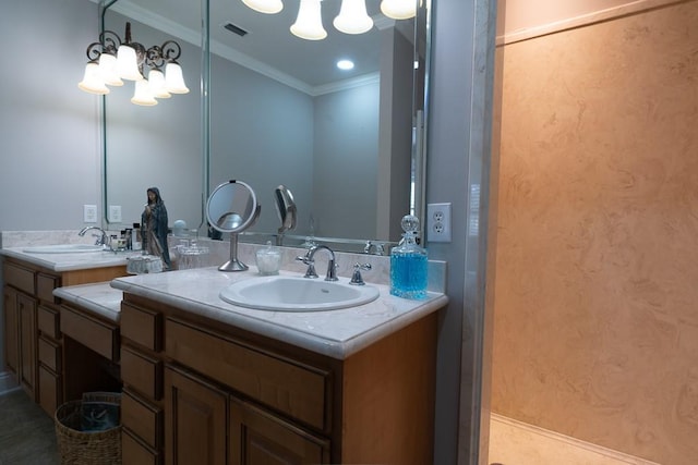 bathroom featuring vanity and ornamental molding